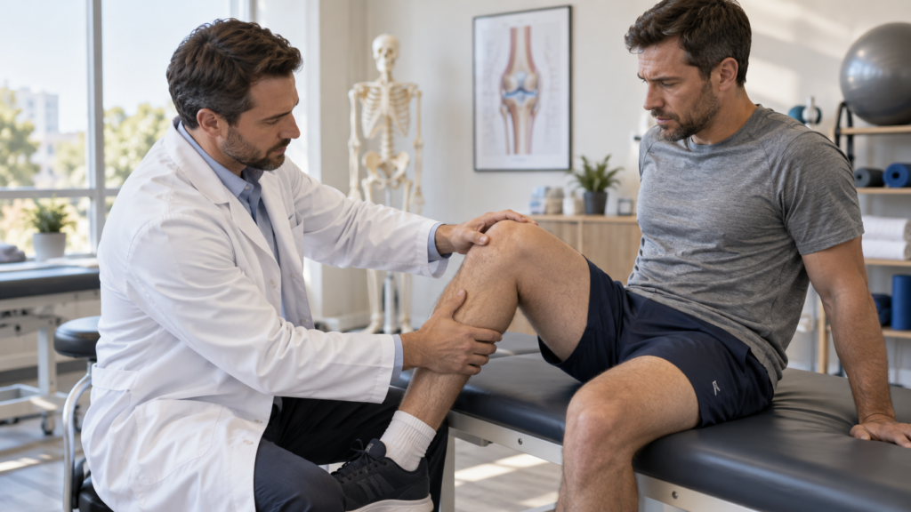 Врач-ортопед осматривает колено мужчины-пациента